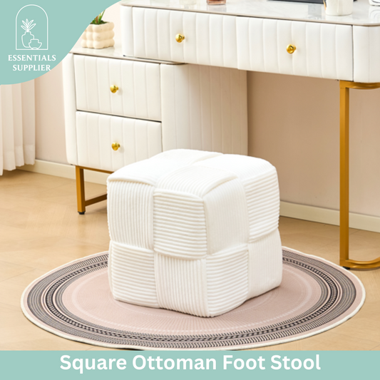 White Corduroy Ottoman Vanity Stool – Square Footrest for Bedroom & Entryway