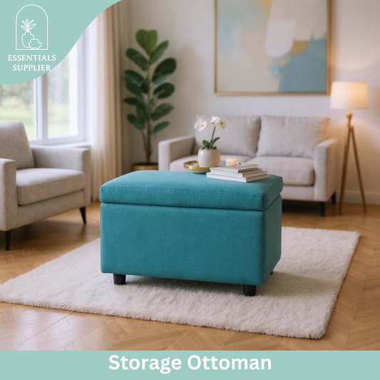 Blue Linen Storage Ottoman Bench with Hidden Compartment – 24.8" Wide