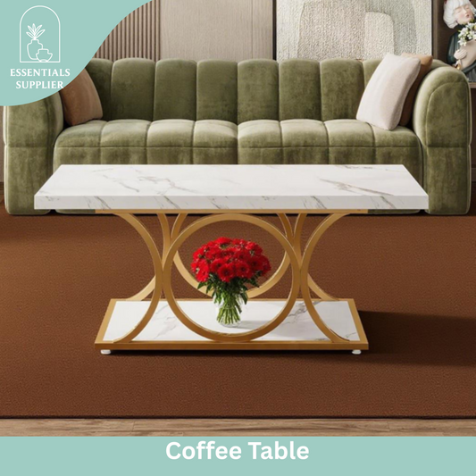 White Marble Coffee Table with Gold Frame – Luxury Modern Living Room Table