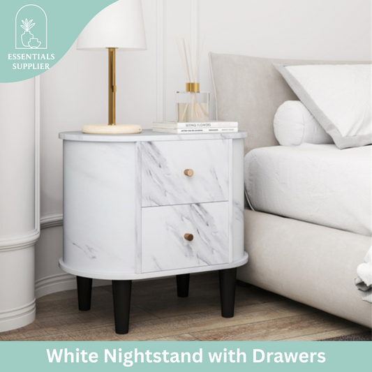 White Nightstand with Faux Marble Top & 2 Drawers – Modern Bedroom Side Table