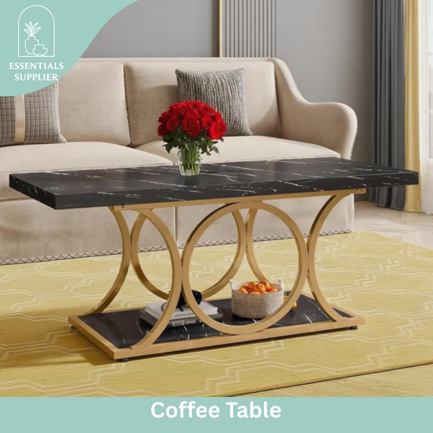 Rustic Black & Wood 2-Tier Coffee Table with Geometric Metal Base