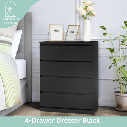 Black Wood 4-Drawer Dresser – Modern Storage Cabinet