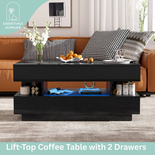 Black High-Gloss Coffee Table with Drawers, Extendable Top & 16-Color LED Lights