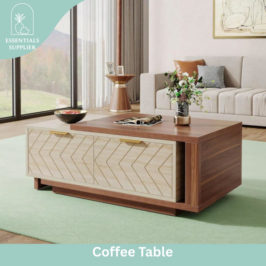 Walnut & Oak Expandable Coffee Table – V-Groove Drawers + Brass Pulls