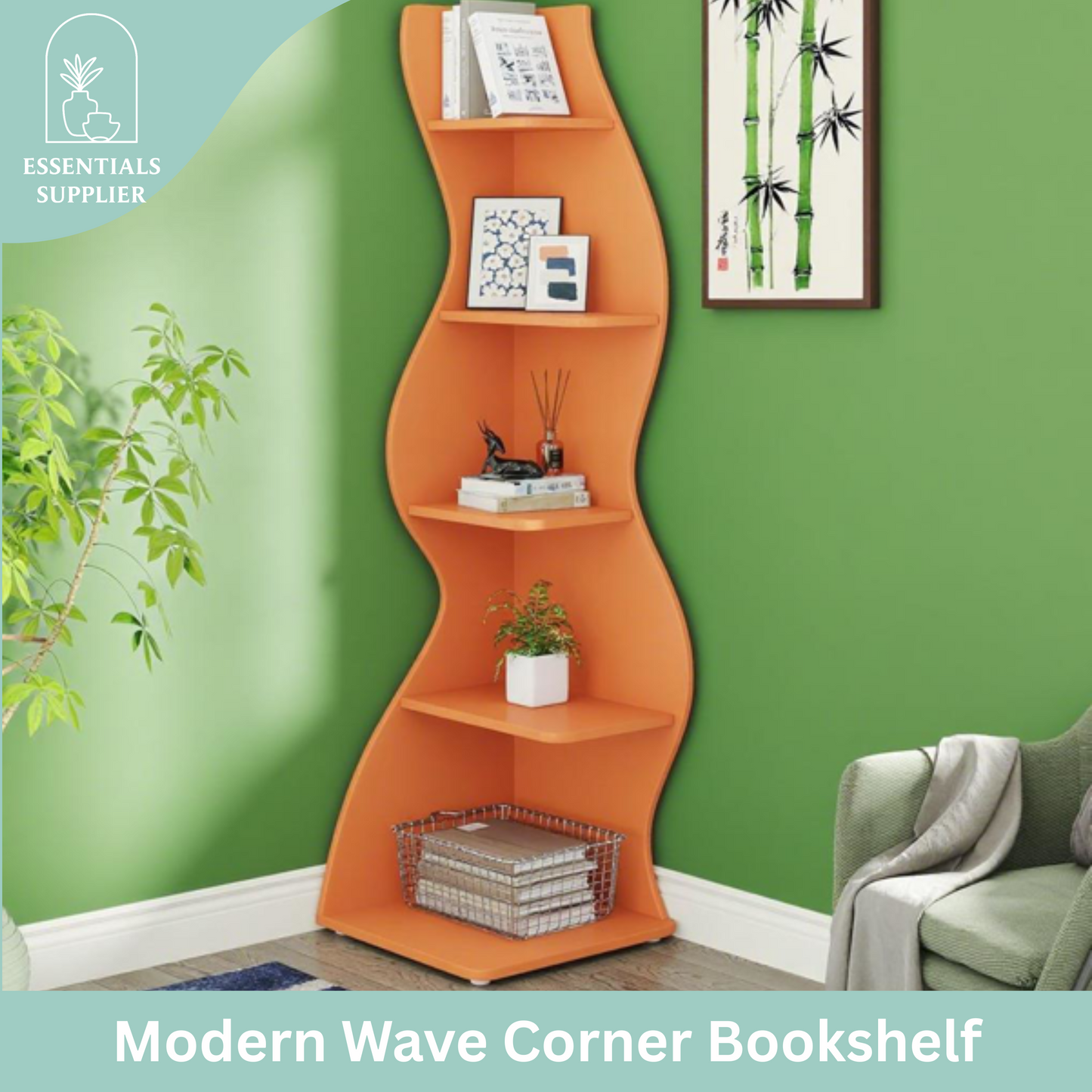 Bookcase Wavy 5-Tier Orange Corner Bookshelf – Modern Sculpted Storage Rack