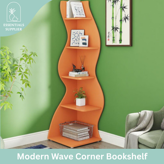 Bookcase Wavy 5-Tier Orange Corner Bookshelf – Modern Sculpted Storage Rack