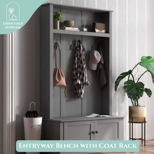 Gray Entryway Hall Tree with Storage Cabinet, Bench & Coat Rack