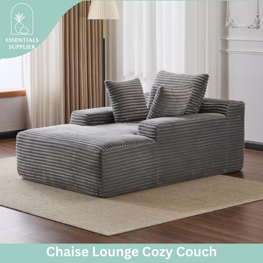 Oversized Chaise Lounge Chair – Plush Corduroy Cloud Couch with 3 Pillows, Grey