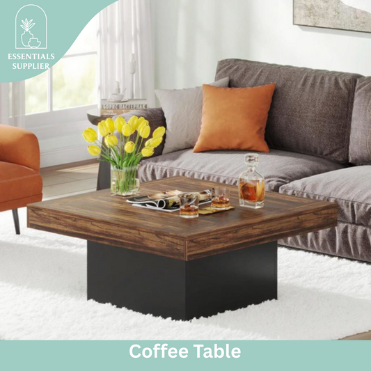 Rustic Brown LED Coffee Table with Black Base – 35” Square Modern Farmhouse Design