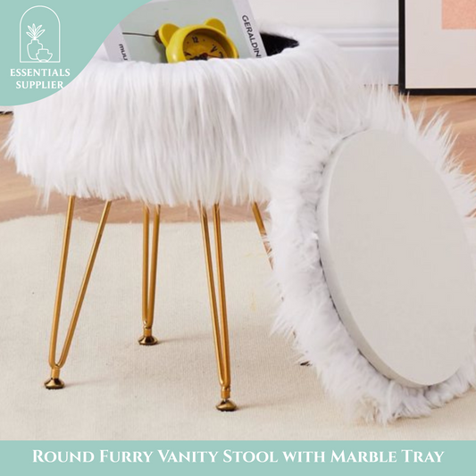 Faux Fur Ottoman Stool with Marble Tray, Footrest & Storage, White Vanity Seat