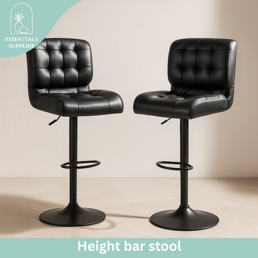 Set of 2 Adjustable Black Bar Stools with Swivel Seats & Tufted Backrest