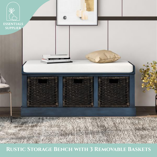 Rustic Entryway Storage Bench with 3 Rattan Baskets & Cushion, Antique Navy