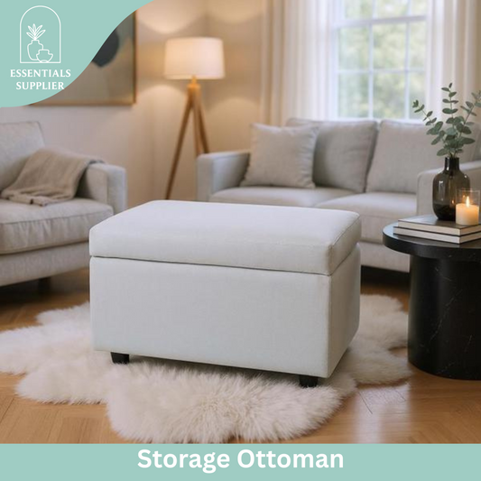 Beige Linen Storage Ottoman Bench with Hidden Compartment, 63×43×43cm