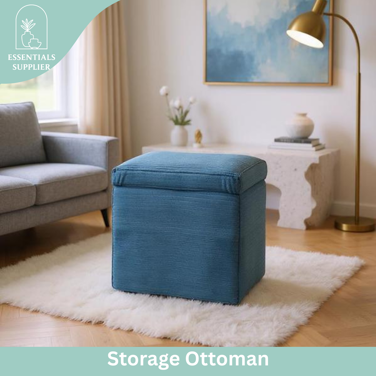 Blue Corduroy Storage Ottoman with Hidden Compartment – 16.5” Cube Seat