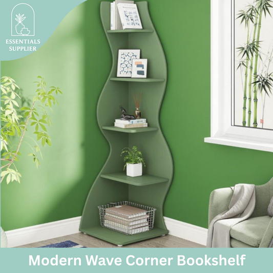 Bookcase Wavy 5-Tier Green Corner Bookshelf – Modern Sculpted Storage Rack