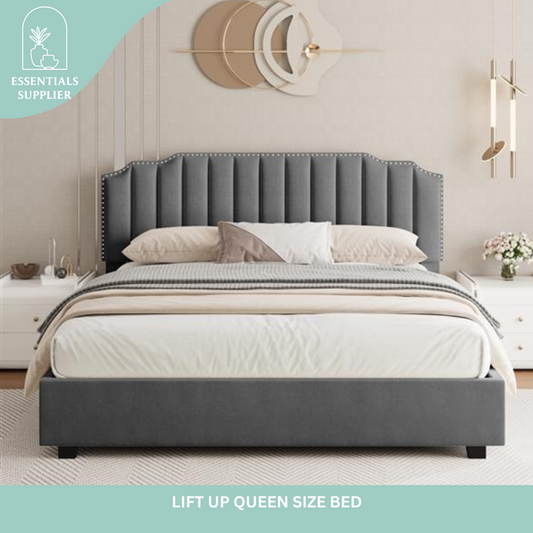 Lift-Up Storage Queen Bed – Velvet Upholstered Platform Bed Frame, Grey