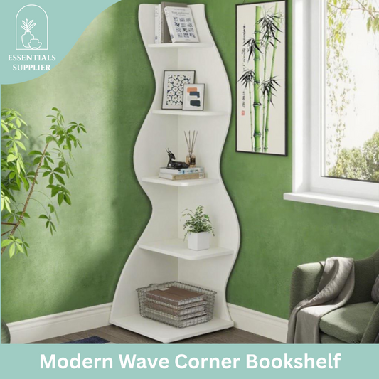 Bookcase Wavy 5-Tier White Corner Bookshelf – Modern Sculpted Storage Rack