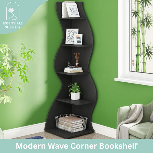 Black Wavy 5-Tier Corner Bookshelf – Modern Sculpted Bookcase Storage Rack