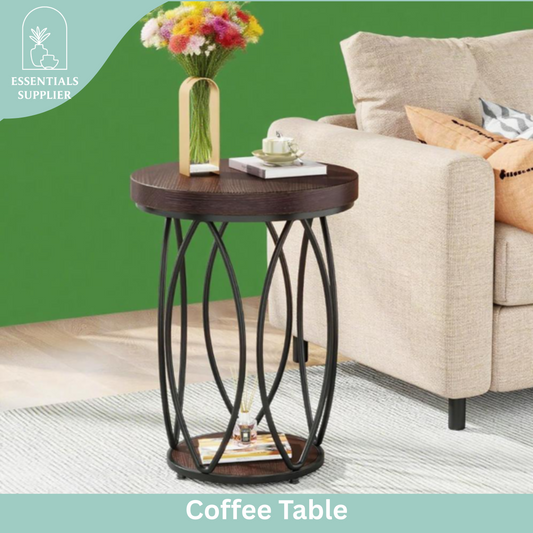 Rustic Round Coffee Table with Metal Frame & Storage Shelf – Industrial Side Table