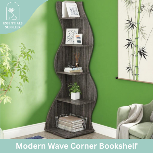 Dark Brown Wavy 5-Tier Corner Bookshelf – Modern Sculpted Bookcase Storage Rack