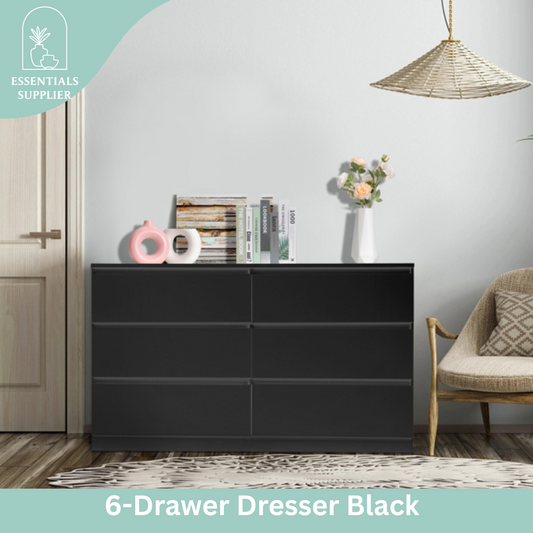 Black 6-Drawer Double Dresser – Wide Modern Storage Cabinet for Bedroom or Entryway