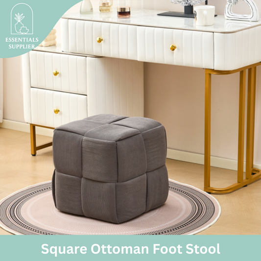 Grey Corduroy Ottoman Vanity Stool – Square Footrest for Bedroom & Entryway
