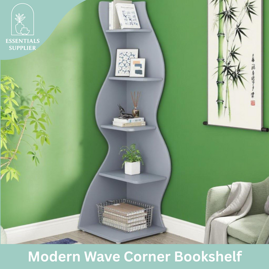 Bookcase Wavy 5-Tier Blue Corner Bookshelf – Modern Sculpted Storage Rack