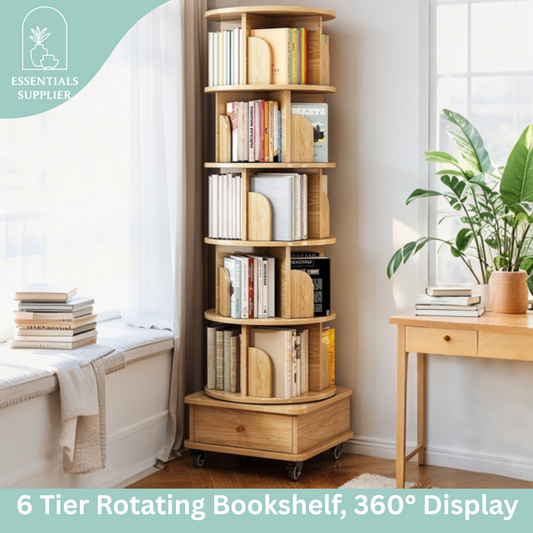 6-Tier 360° Rotating Bookshelf with Wheels & Drawer, Space-Saving Wood Color