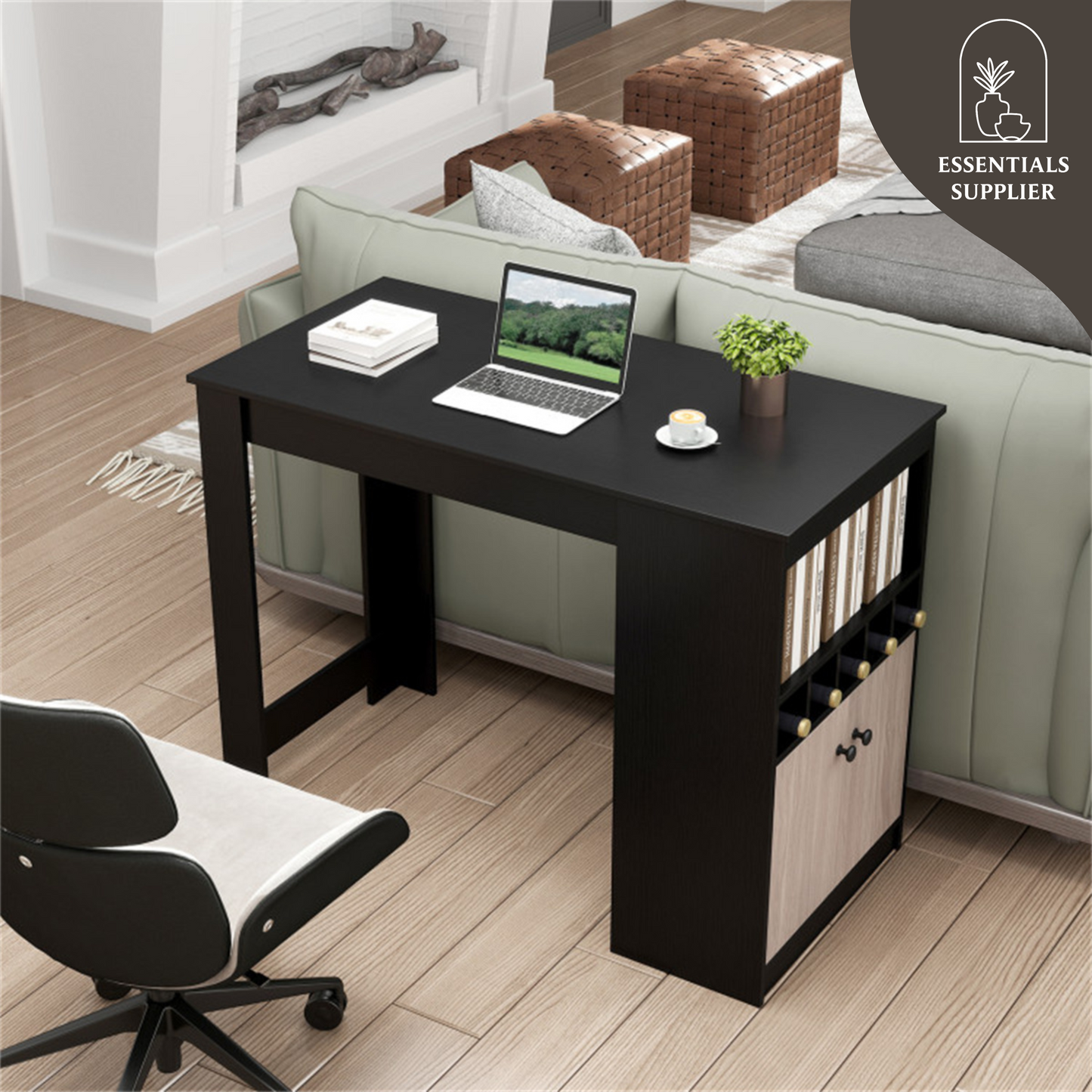 48" Black Kitchen Bar Table with Storage Cabinet and Built-In Wine Rack