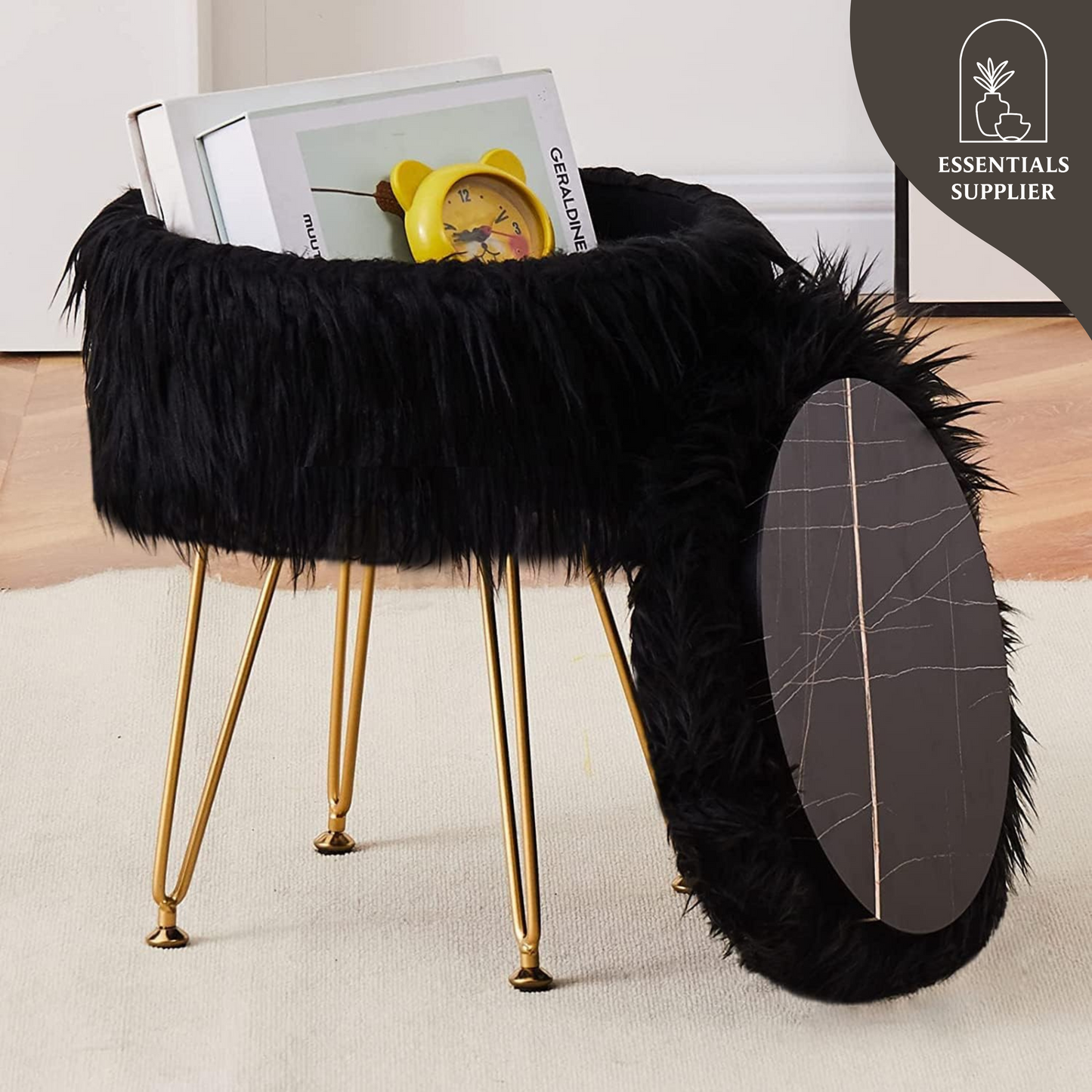 Faux Fur Ottoman Stool with Marble Tray, Footrest & Storage, Black Vanity Seat