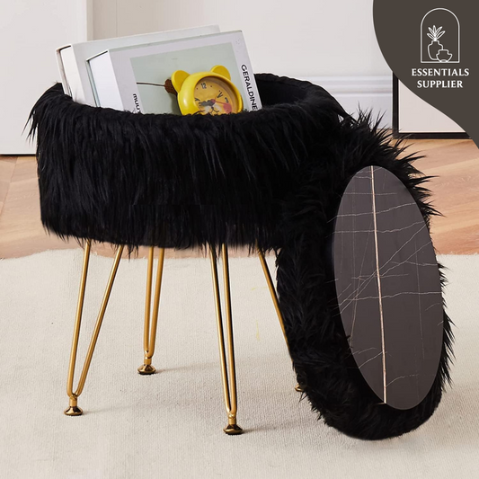 Faux Fur Ottoman Stool with Marble Tray, Footrest & Storage, Black Vanity Seat