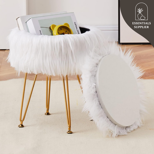 Faux Fur Ottoman Stool with Marble Tray, Footrest & Storage, White Vanity Seat