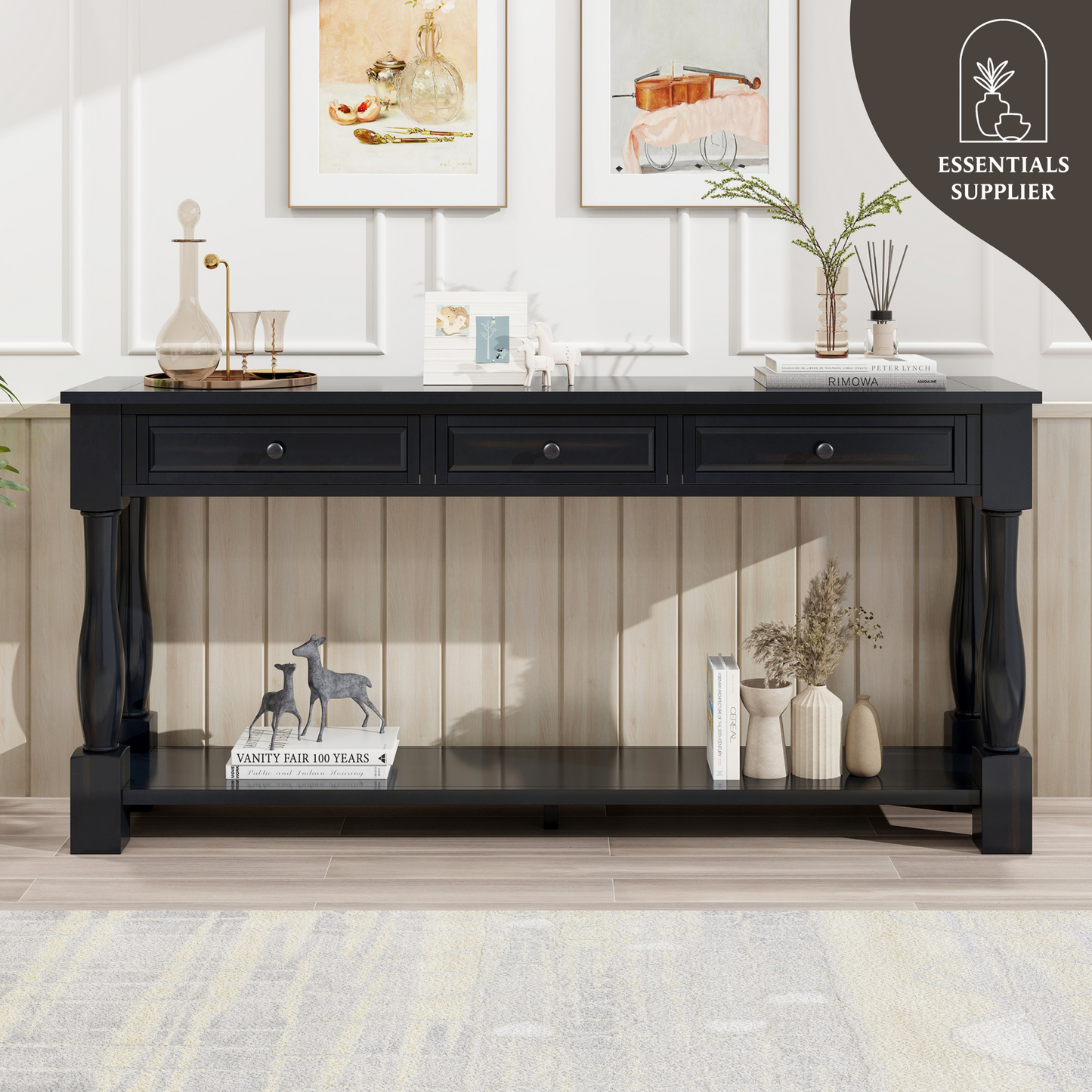 63" Black Console Table with Drawers & Shelf for Entryway, Hallway, Living Room