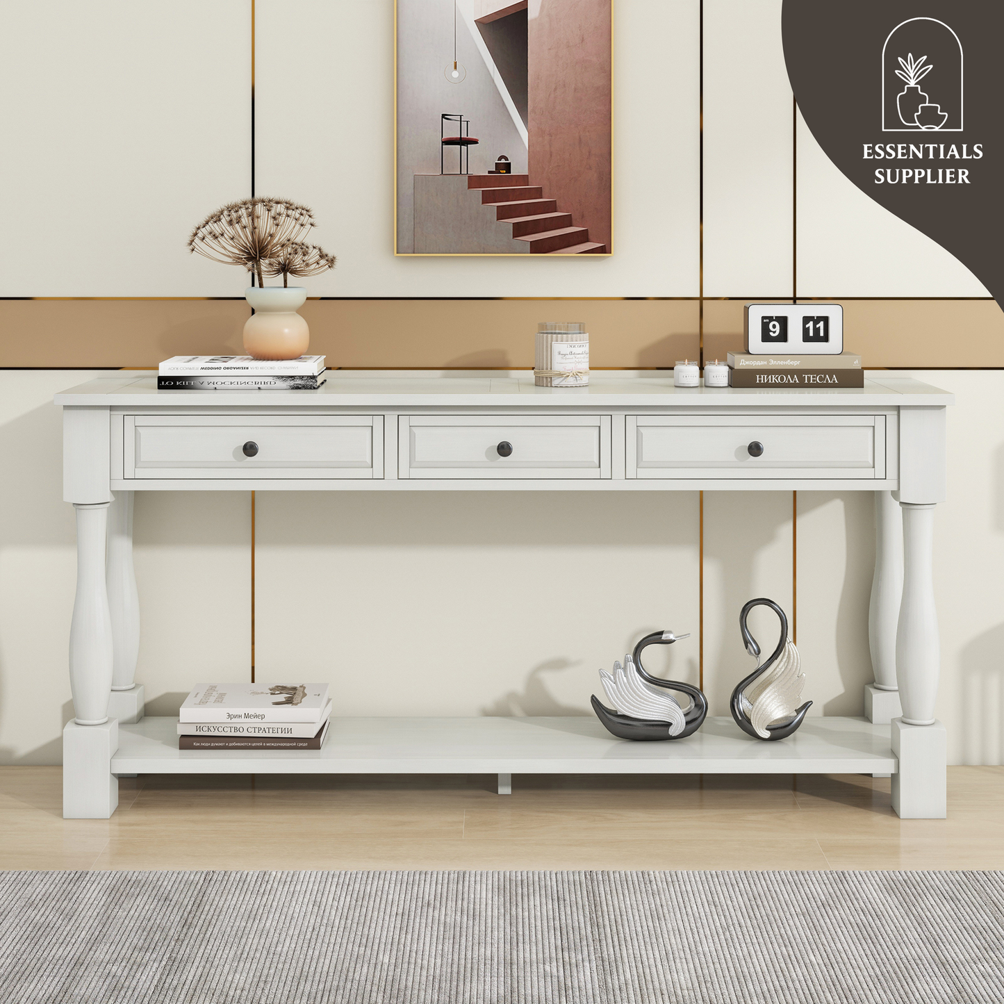 63" White Console Table with Drawers & Shelf for Entryway, Hallway, Living Room