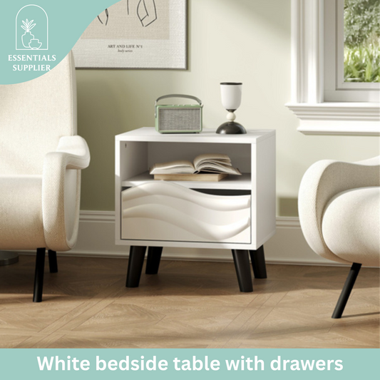 White Nightstand with Drawer & Open Shelf – Modern Compact Bedside Table