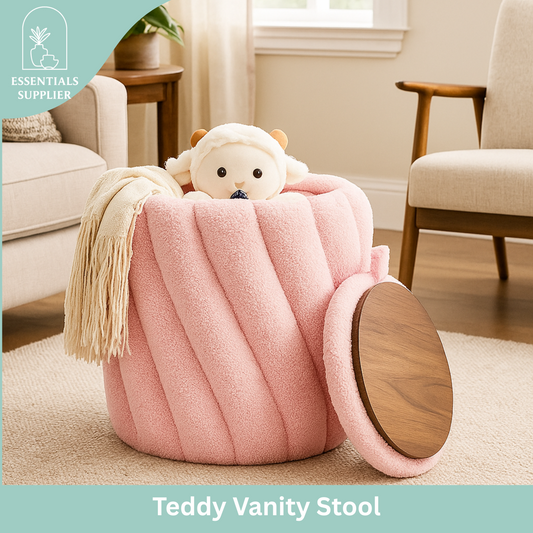 Teddy Velvet Ottoman with Storage, Round Padded Foot Stool for Makeup Room, Pink