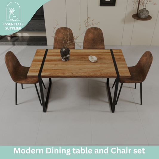 59" Wood Dining Table Set w/ 4 Suede Chairs | Industrial Metal Frame Design