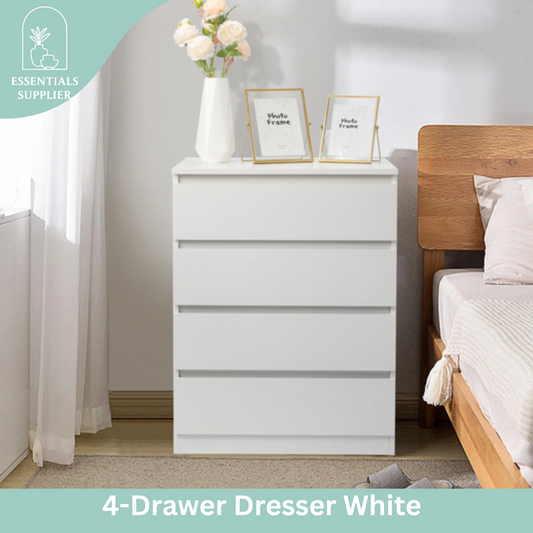 White Wood 4-Drawer Dresser – Compact Storage Cabinet for Bedroom or Living Room