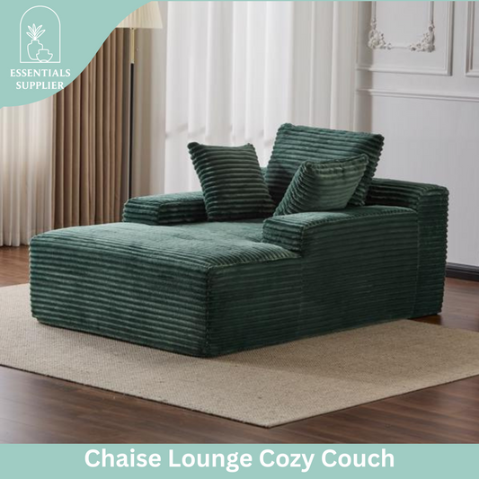 Oversized Chaise Lounge Chair – Plush Corduroy Cloud Couch with 3 Pillows, Green