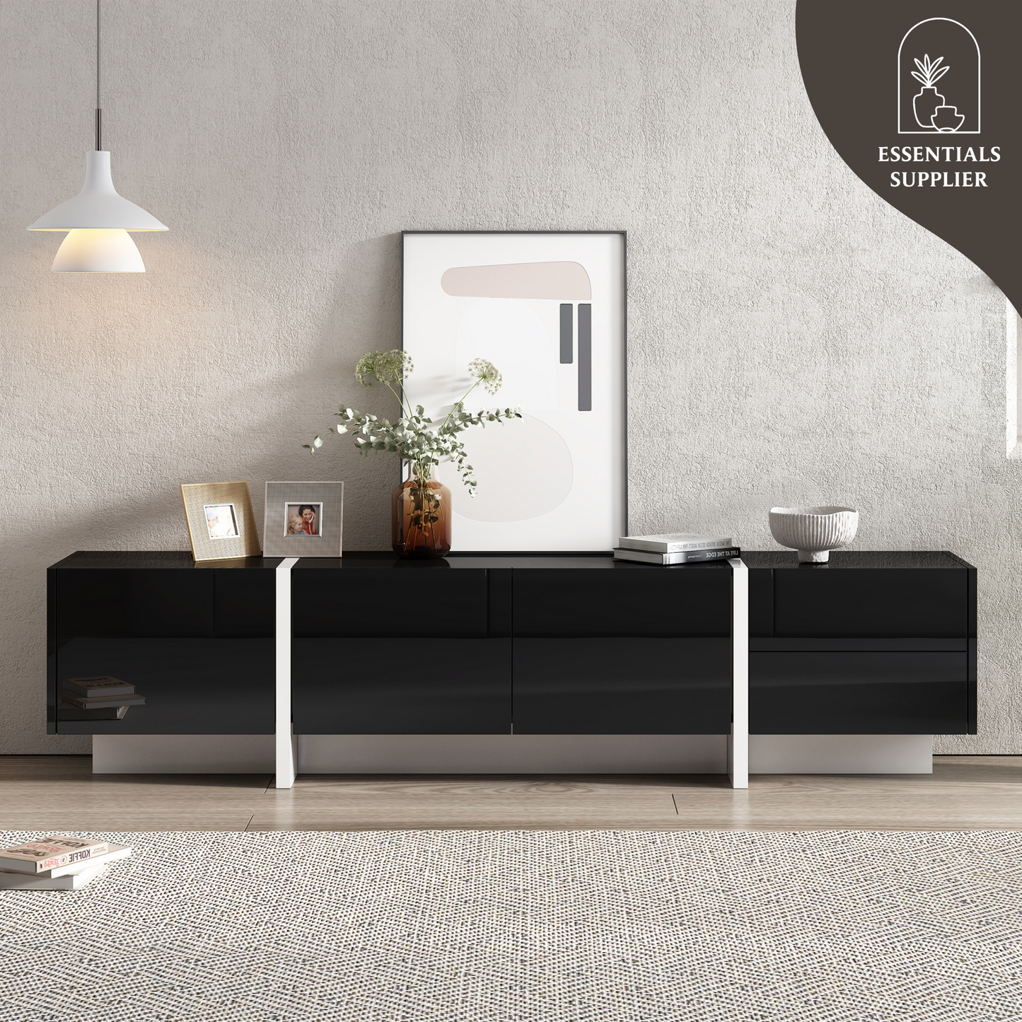 Modern Black & White TV Stand, Fits TVs Up to 80'', High Gloss Cabinet