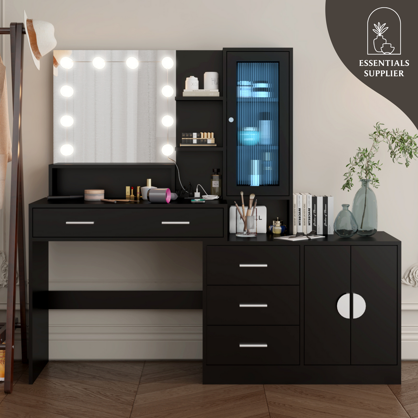 Large Vanity Table with Mirror, LED Lights, Drawers & Charging Station