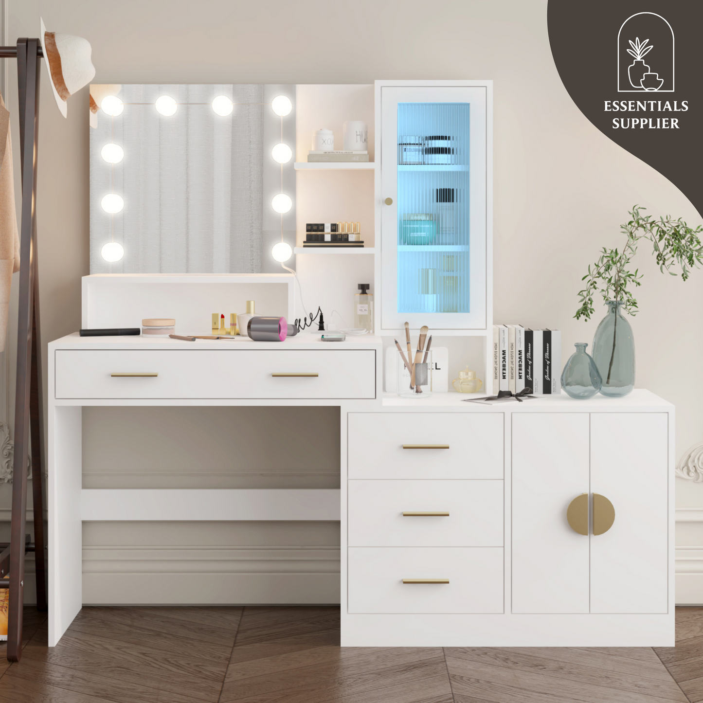 Large Vanity Table with Mirror, LED Lights, Drawers & Charging Station, White