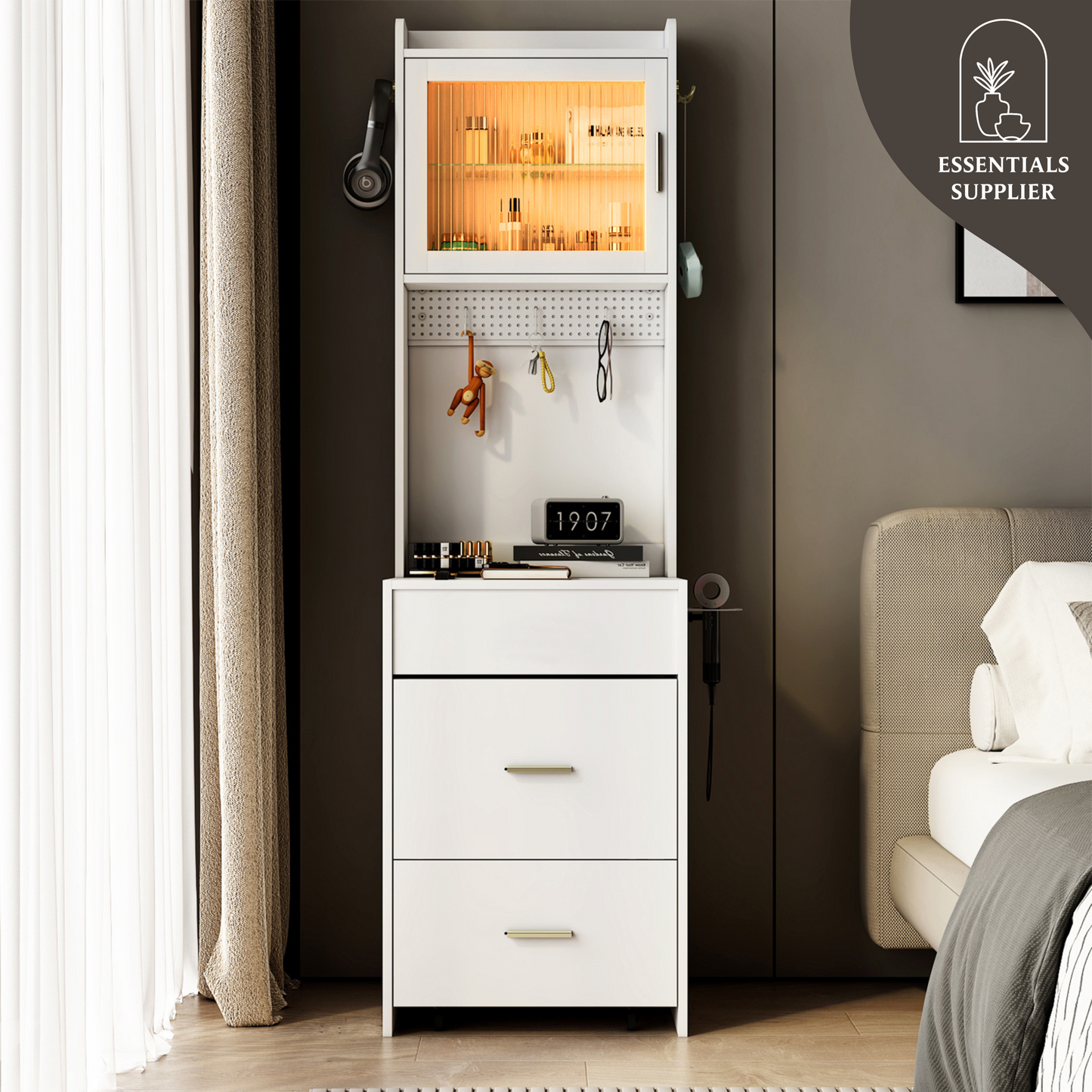 Compact Vanity Desk with Mirror, LED Lights, Charging Station & Stool, White