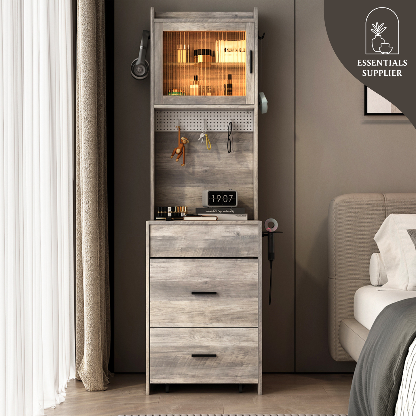 Compact Vanity Desk with Mirror, LED Lights, Charging Station & Stool, White