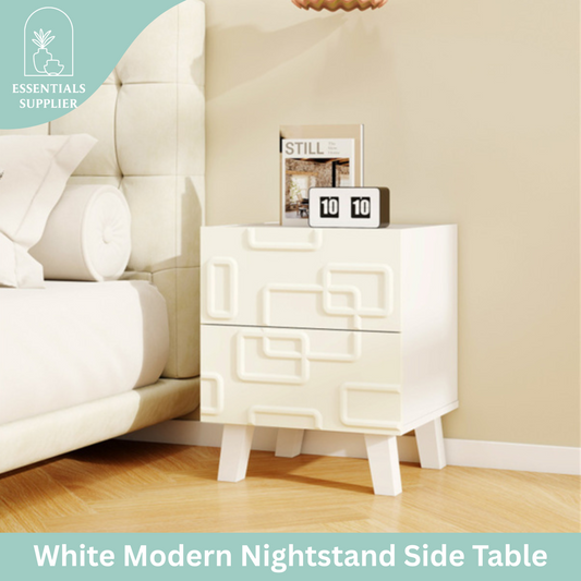 White Modern Nightstand with 2 Drawers – Geometric 3D Pattern Bedside Side Table