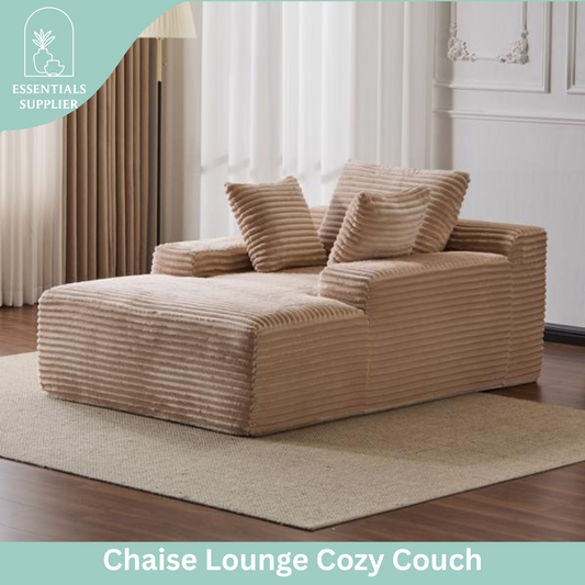 Oversized Chaise Lounge Chair – Plush Corduroy Cloud Couch with 3 Pillows, Beige