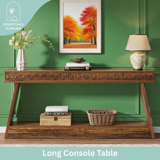 Dark Brown 2-Tier Long Console Table – Rustic Farmhouse Entryway & Sofa Display