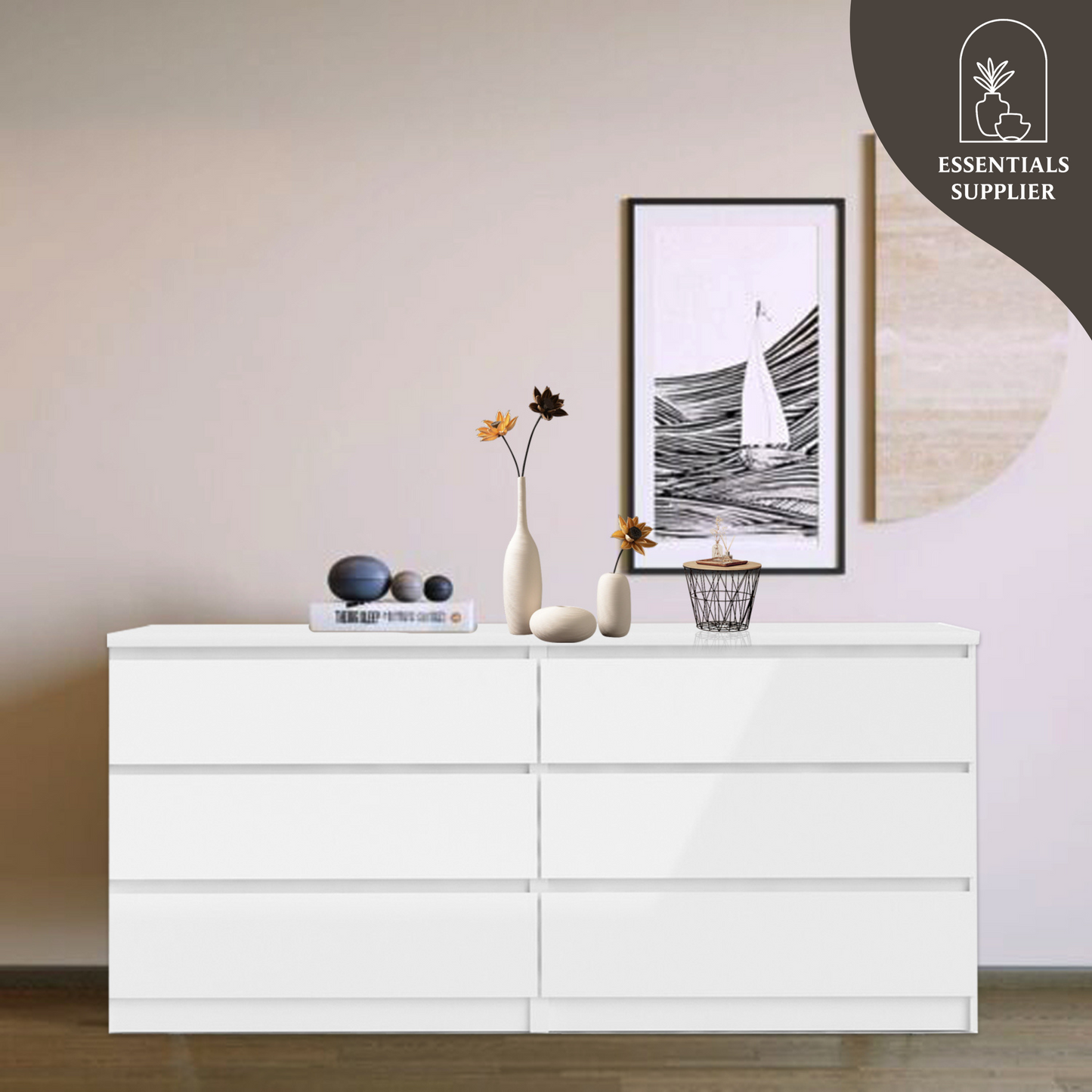 White 6 Drawer Double Dresser for Bedroom, Living Room, or Hallway Use