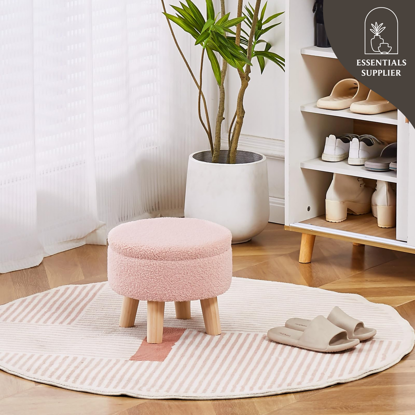 Round Storage Ottoman, Teddy Velvet Footrest with Wood Legs for Living Room, Pink