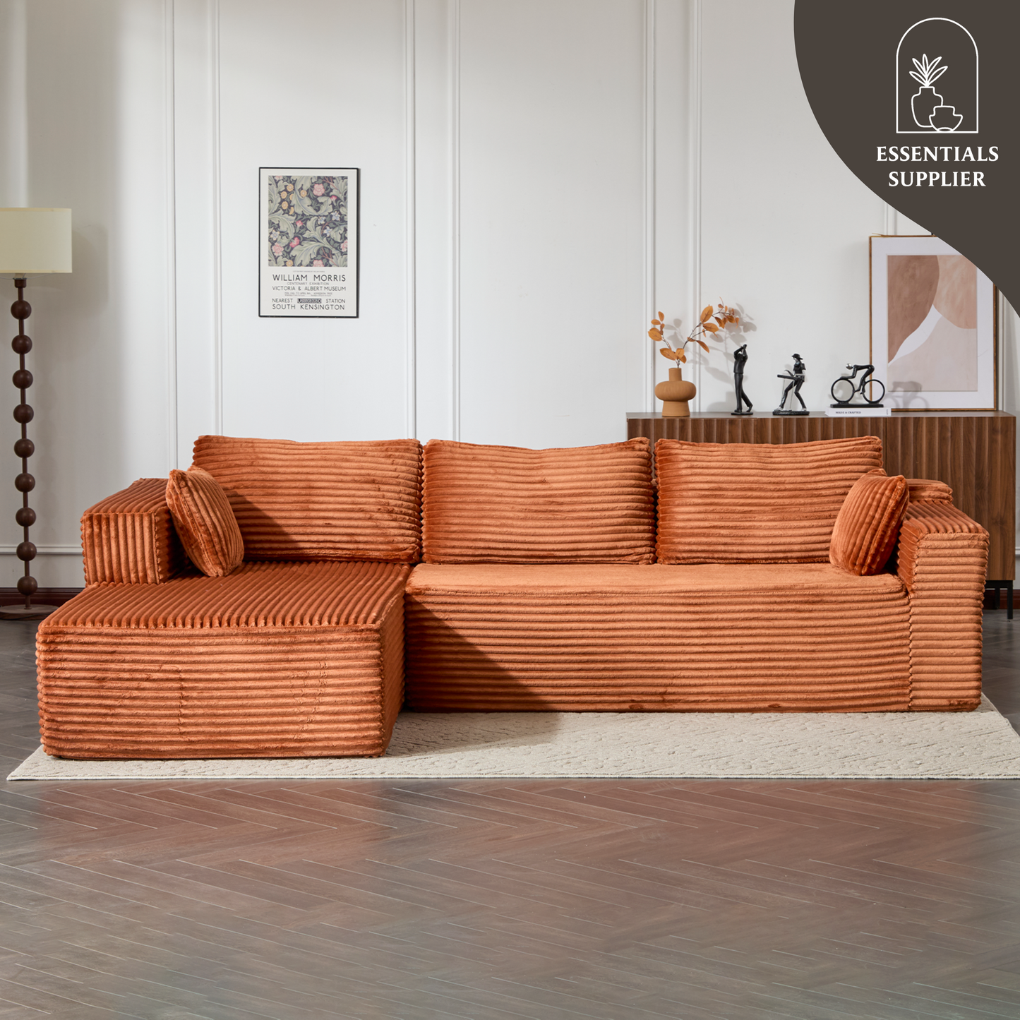 Modular L-Shaped Corduroy Sectional Sofa with Chaise – Brown